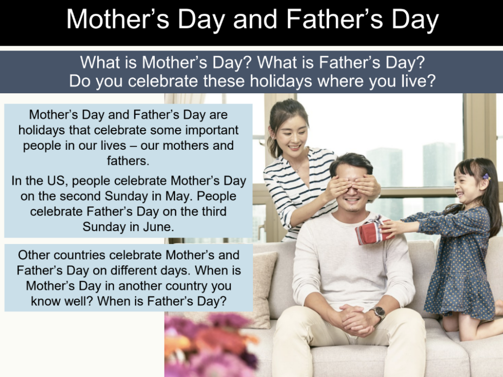 A lesson slide within the Mother's Day and Father's Day lesson plan, introducing the holidays to students.